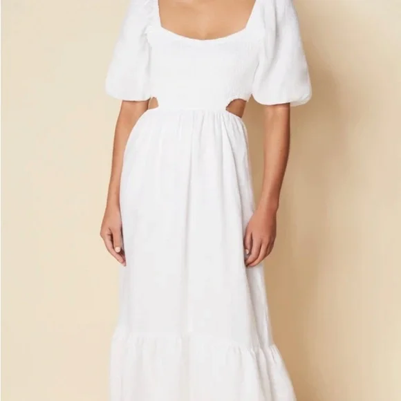 faithfull the brand cut out dress FAITHFULL Nadiva Shirred Cutout Linen Midi Dress